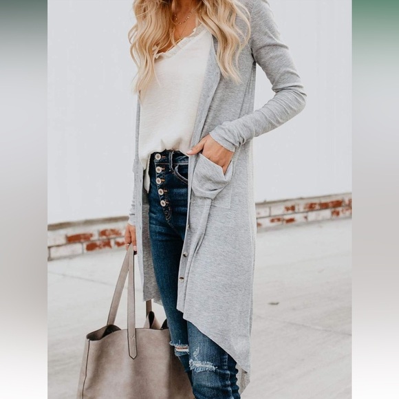 Naggoo Long Button Down High Low Solid Knit Loose Cardigan with Pockets - Picture 7 of 8